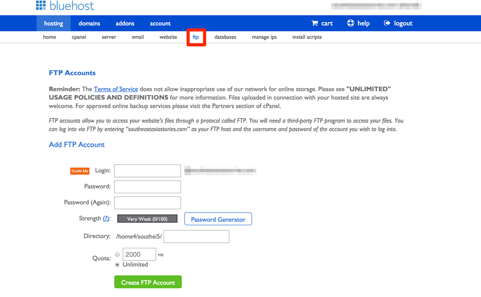 bluehost ftp