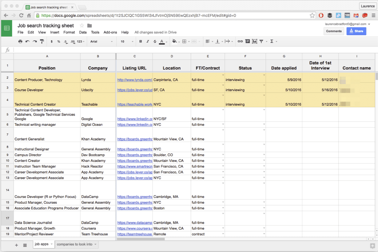 Job Hunting Spreadsheet