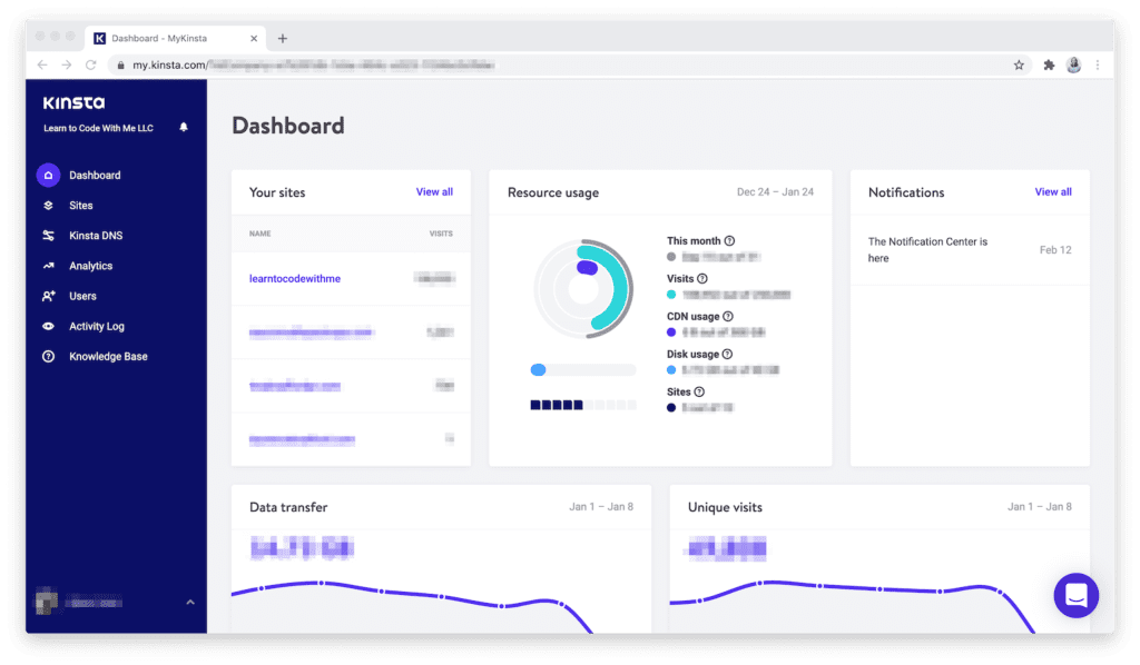 kinsta dashboard overview metrics