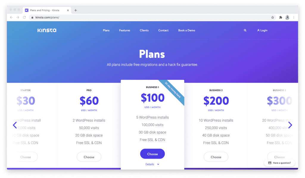 kinsta starter pro business pricing plans