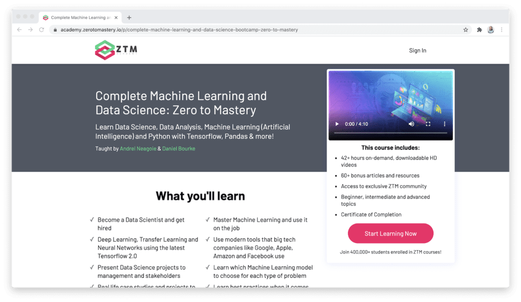 Zero to Mastery machine learning data science course