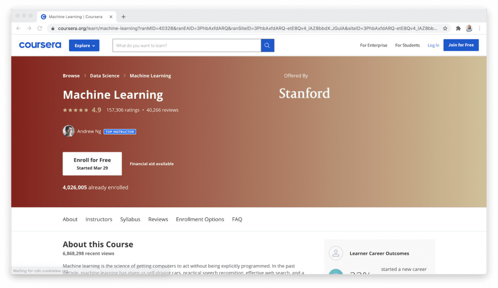 Machine learning best sale course stanford coursera