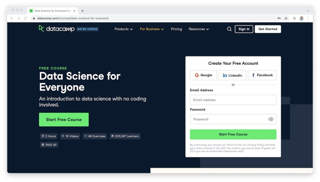 datacamp data science for everyone page