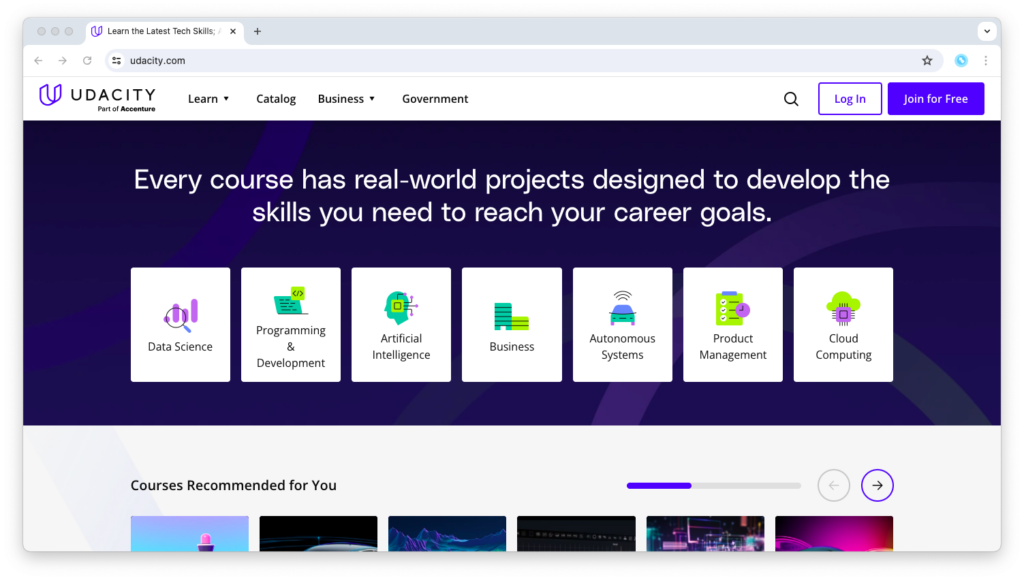 Udacity home page